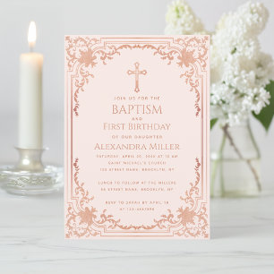 Pink Girl Baptism First Birthday Vintage Rose Gold Invitation