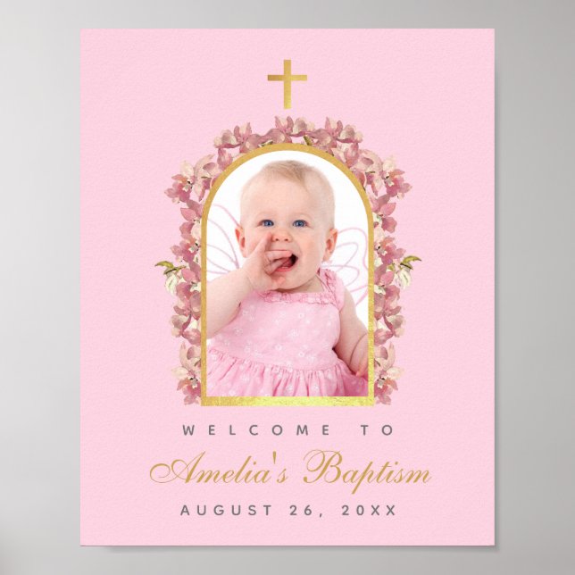 Pink Girl Baptism Photo Gold Arch Orchids Welcome Poster (Front)