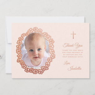 Pink Girl Baptism Photo in Rose Gold Floral Wreath Thank You Card
