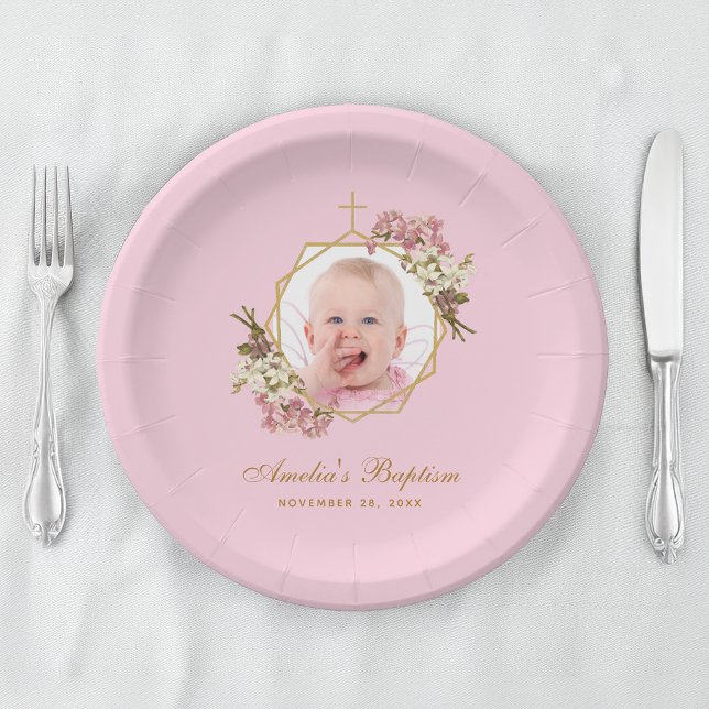 Pink Girl Baptism Photo Orchids Floral Geometric Paper Plate (Creator Uploaded)