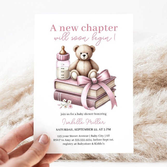 Pink Girl Bear Baby Shower New Chapter Begins Invitation (Creator Uploaded)