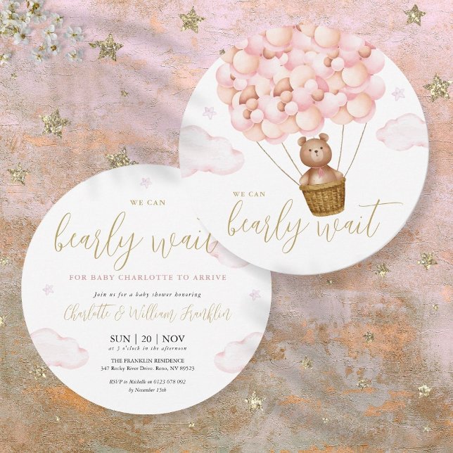 Pink Girl Bearly Wait Teddy Bear Baby Shower Invitation (Pink Girl Bearly Wait Teddy Bear Baby Shower Invitation)