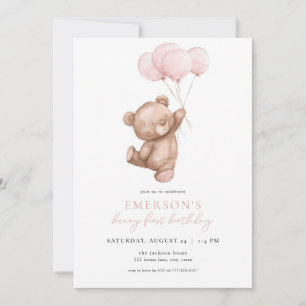 Pink Girl Beary First Birthday Invitation