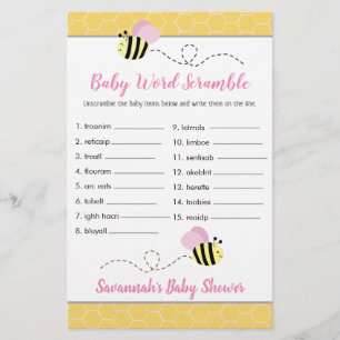 Pink Girl Bee Baby Shower Baby Word Scramble Game