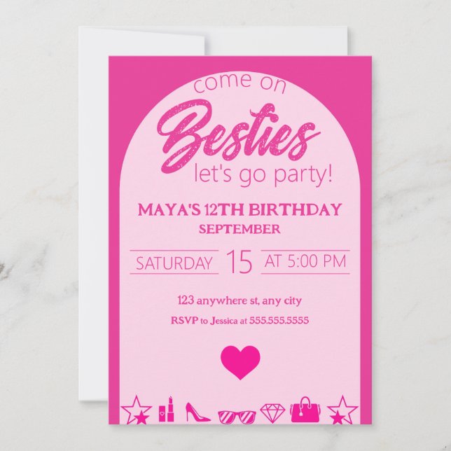 Pink Girl Birthday, Pink Besties Party Birthday Invitation (Front)
