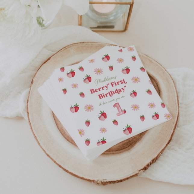 Pink Girl Birthday Strawberries and Daisies Simple Napkin (Creator Uploaded)
