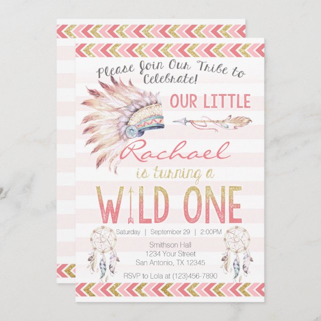 Pink Girl Boho Tribal Wild One Birthday Invitation (Front/Back)