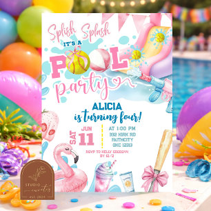 Pink Girl Bow Basketball Pool Party Birthday Invit Invitation