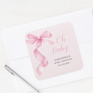 Pink Girl Bow Oh Baby Shower Square Sticker