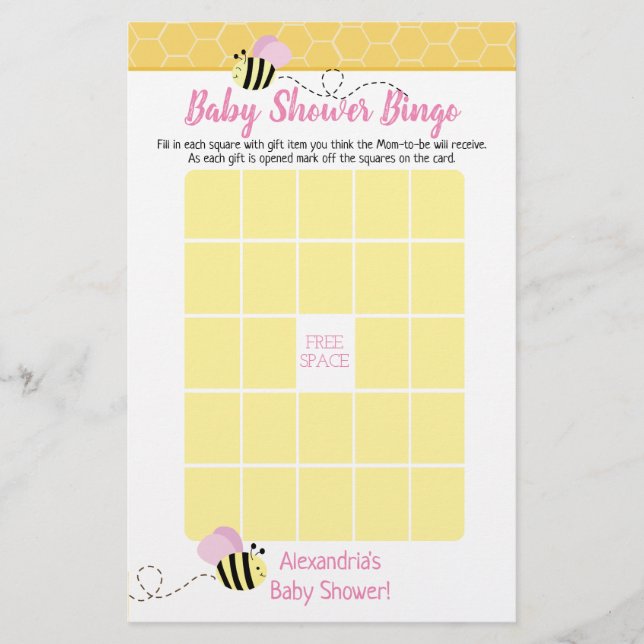 Pink Girl Bumble Bee Baby Shower Bingo Game (Front)