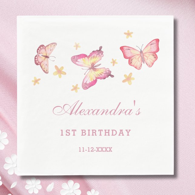 Pink Girl Butterfly 1st Birthday Party Napkin (Creator Uploaded)