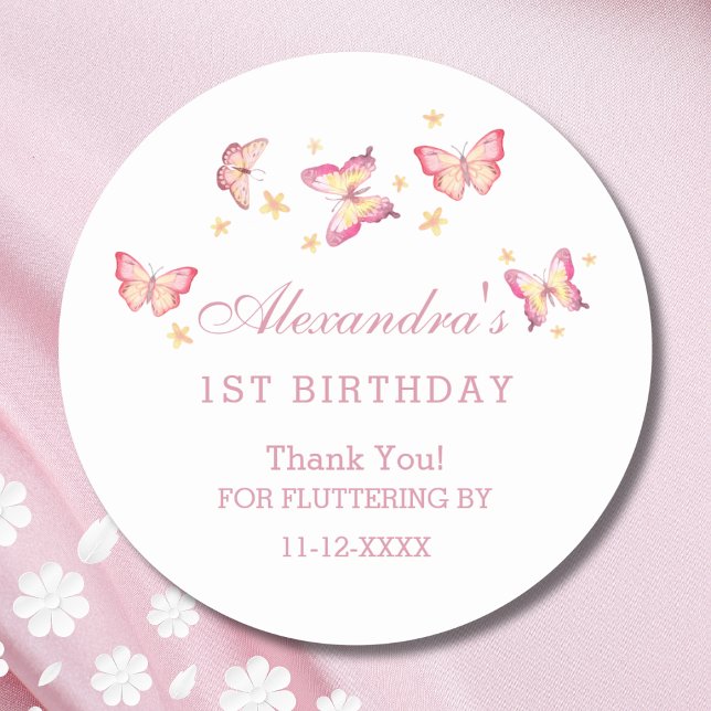 Pink Girl Butterfly 1st Birthday Thank You  Classic Round Sticker (Creator Uploaded)