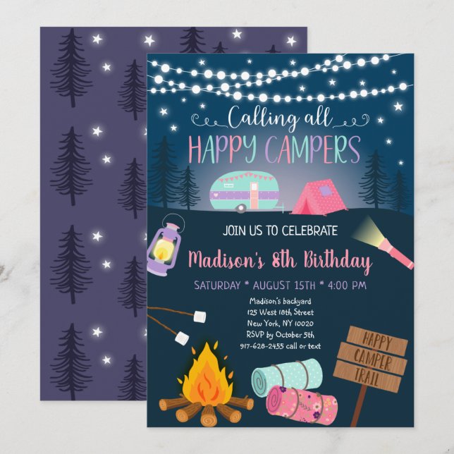 Pink Girl Camper Camping Birthday Invitation (Front/Back)