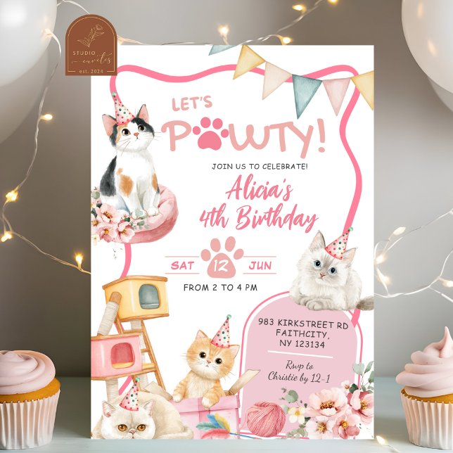 Pink Girl Cat Let's Pawty Any Age Birthday Invitation (Creator Uploaded)