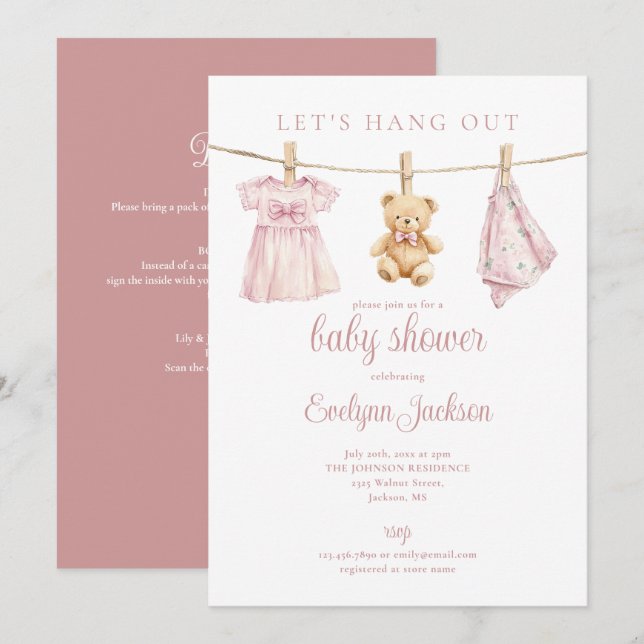Pink Girl Clothesline Baby Shower All In One Invitation (Front/Back)