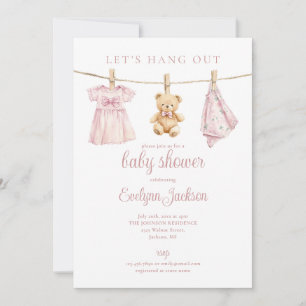Pink Girl Clothesline Baby Shower Photo QR Code Invitation