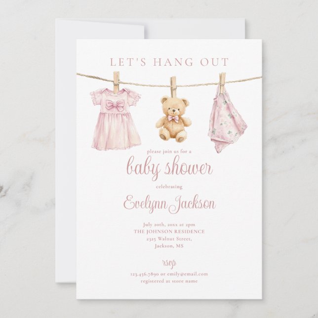 Pink Girl Clothesline Baby Shower Photo QR Code Invitation (Front)