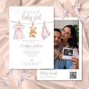 Pink Girl Clothesline Baby Shower Photo QR Code Invitation