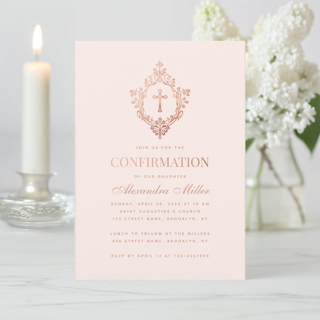 Pink Girl Confirmation Rose Gold Cross Crest Blush Invitation (Creator Uploaded)