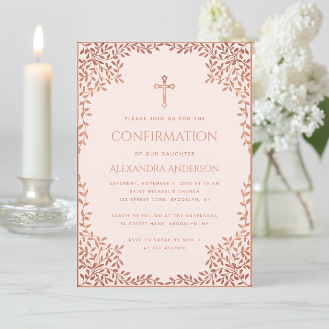  Pink Girl Confirmation Rose Gold Leaves Religious Invitation (Creator Uploaded)