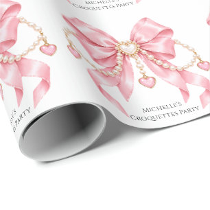 Pink Girl Coquette & Pearls Birthday Party Wrapping Paper