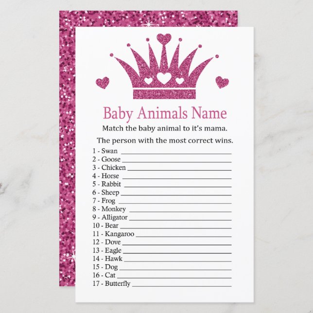 Pink Girl Crown Baby Animals Name Game (Front/Back)