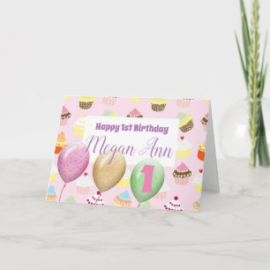 Pink Girl Cupcake First Birthday Card