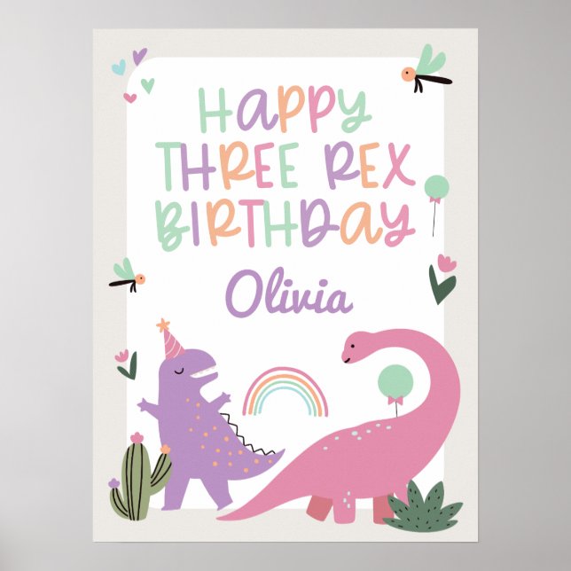 Pink Girl Dinosaur 3rd Birthday Party Poster (Front)