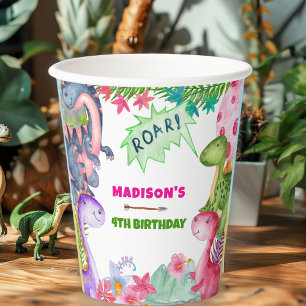 Pink Girl Dinosaur 4th Birthday Party Paper Cups