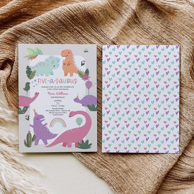Pink Girl Dinosaur 5th Birthday Party Invitation (Creator Uploaded)