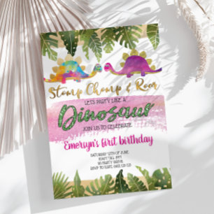 Pink Girl Dinosaur Birthday Invitation