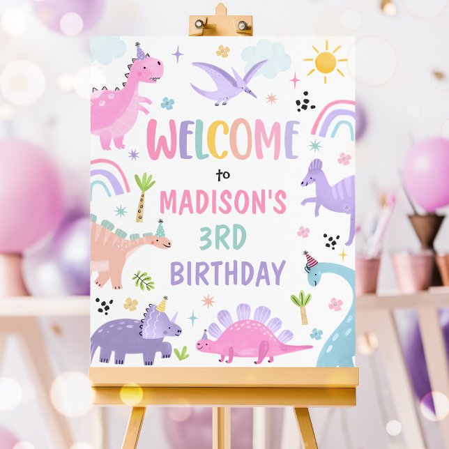 Pink Girl Dinosaur Birthday Party Welcome Poster (Creator Uploaded)