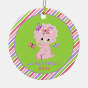 Pink Girl Dinosaur Personalised Stripes Christmas Ceramic Ornament
