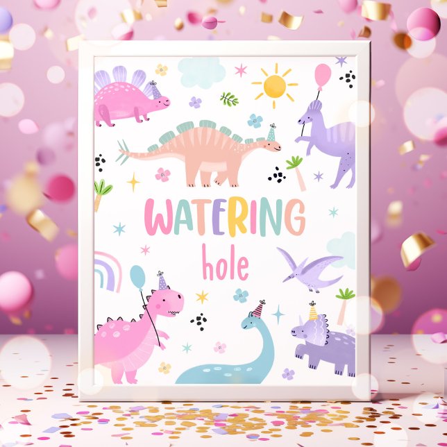 Pink Girl Dinosaur Watering Hole Birthday Party  Poster (Creator Uploaded)