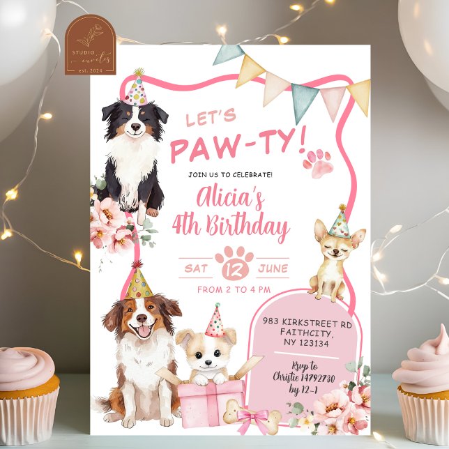 Pink Girl Dog let's Pawty Birthday Invitation (Creator Uploaded)