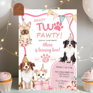 Pink Girl Dog Ready TWO pawty Invitation
