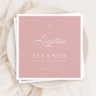 Pink Girl Elegant Cross Script Calligraphy Baptism Napkin