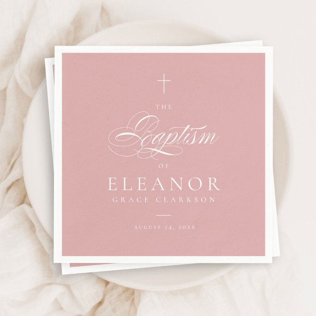 Pink Girl Elegant Cross Script Calligraphy Baptism Napkin (Creator Uploaded)