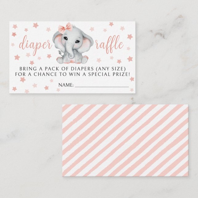 Pink girl elephant baby shower diaper raffle card (Front/Back)