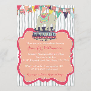Pink Girl Elephant Circus Baby Shower Invitation