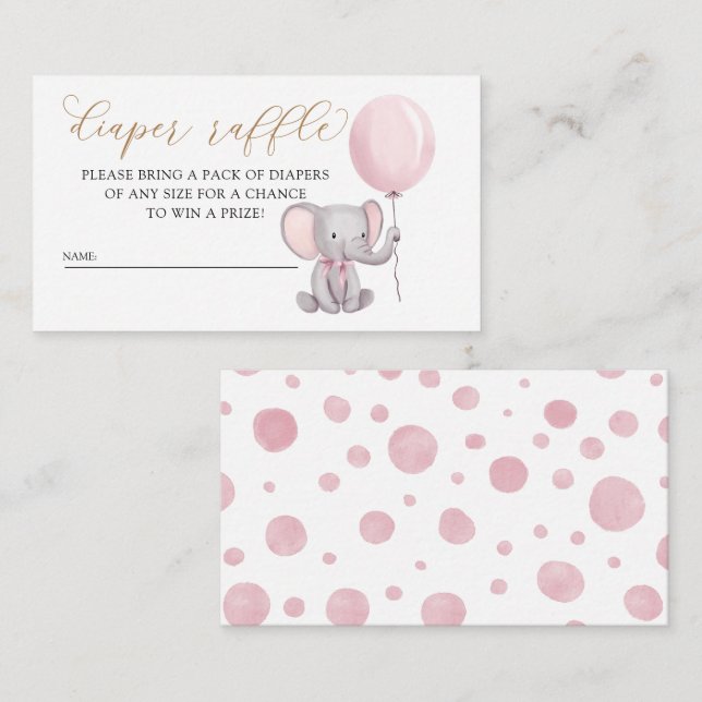 Pink Girl Elephant With Balloon Diaper Raffle Enclosure Card (Front/Back)
