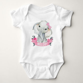 Pink Girl Elephant with Custom Name Bodysuit Roses