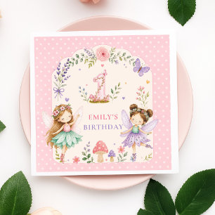 Pink Girl Fairy Garden First Birthday Party Napkin