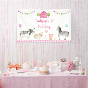 Pink Girl Farm Animal Birthday Banner