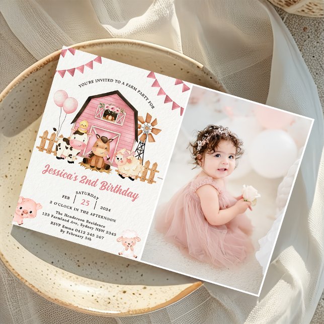 Pink Girl Farm Animals 2nd Birthday Party Photo  Invitation (Creator Uploaded)
