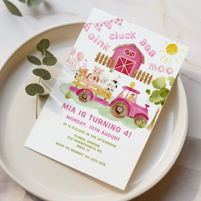Pink girl Farm animals 4th birthday party Invitation (Creator Uploaded)