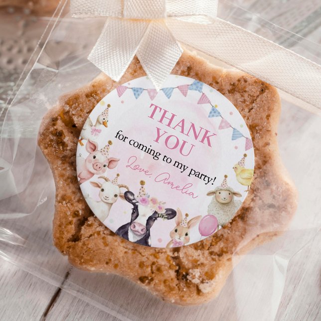 Pink Girl Farm Animals Birthday Classic Round Sticker (Creator Uploaded)