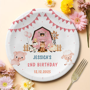 Pink Girl Farm Animals Birthday Party Paper Plate