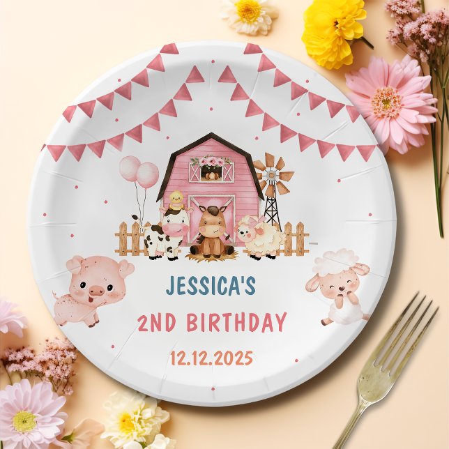 Pink Girl Farm Animals Birthday Party Paper Plate (Creator Uploaded)