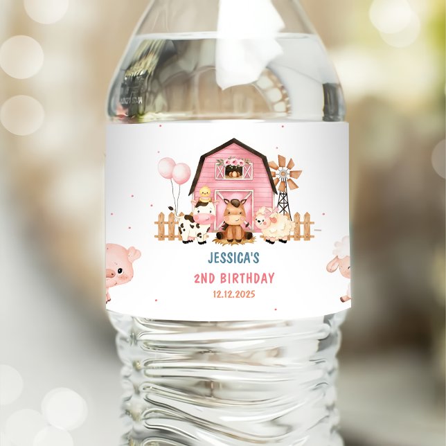 Pink Girl Farm Animals Birthday Party Water Bottle Label (Creator Uploaded)